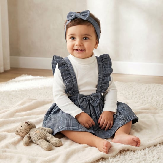 Giggles Checked Pinafore Dress with Solid Top and Headband