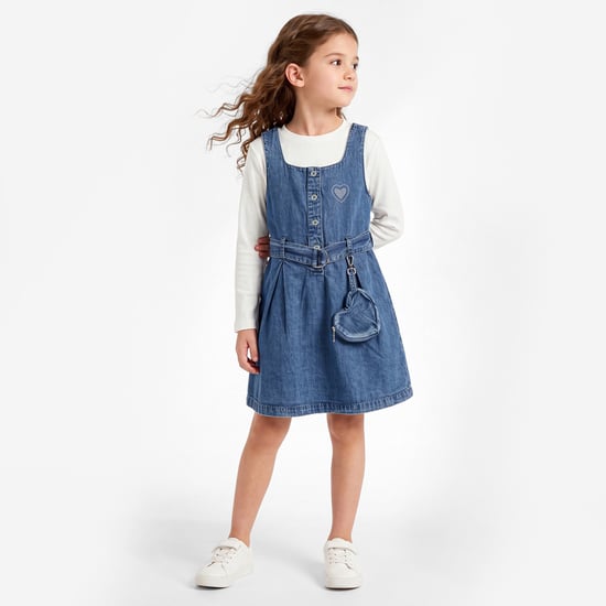 Juniors Sports Denim Pinafore Dress with T-shirt and Pouch