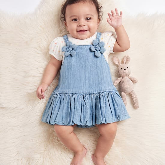 Juniors Floral Applique Denim Dress with Printed Top