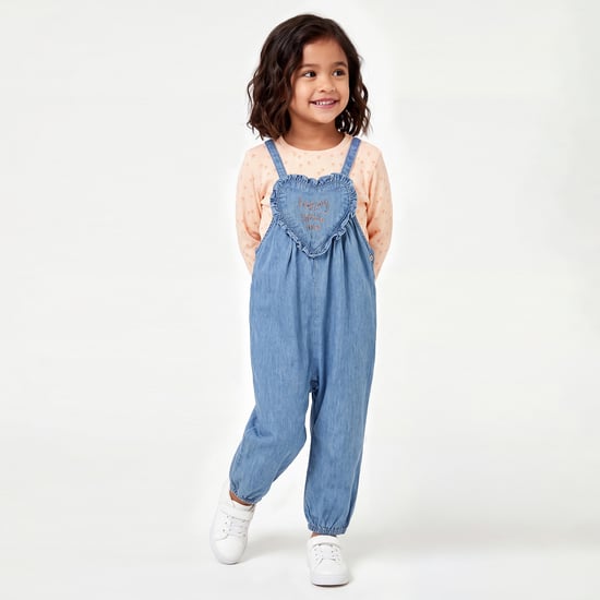 Juniors Heart Applique Dungaree with Printed Top
