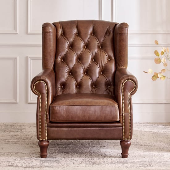 Chesterfield Leather 2+3 Seater Sofa Set with Wing Chair - Brown