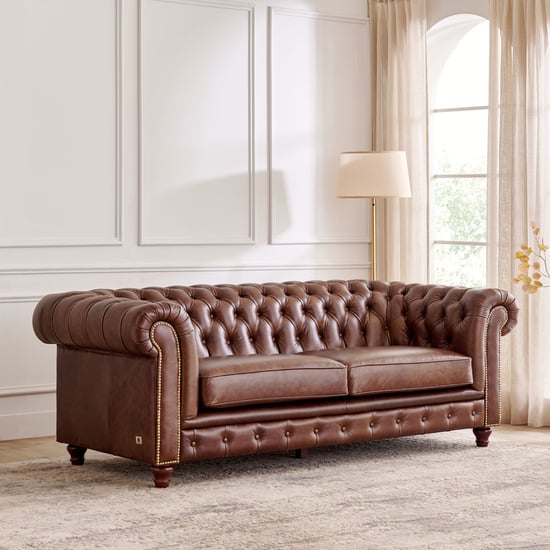 Chesterfield Leather 3 Seater Sofa with 2 Wing Chairs - Brown