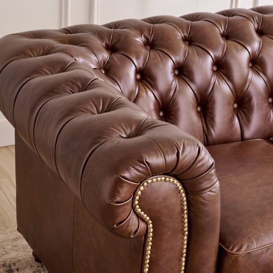Chesterfield Leather 3 Seater Sofa with 2 Wing Chairs - Brown