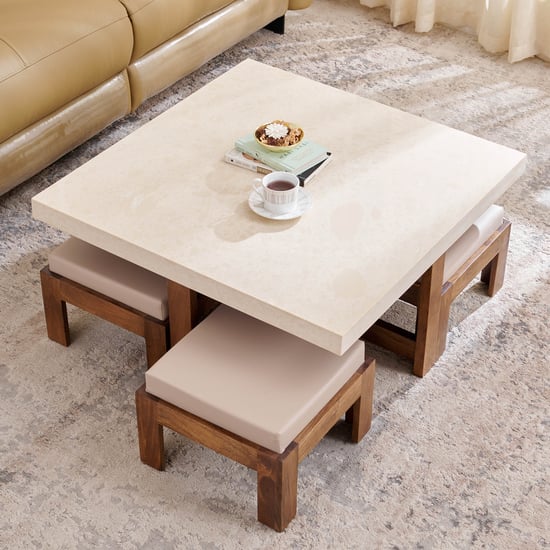 Giza Composite Marble Top Coffee Table with 4 Stools - Beige