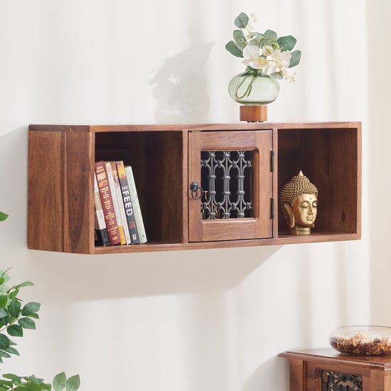 Helios Kian Sheesham Wood Wall Shelf with Door - Brown