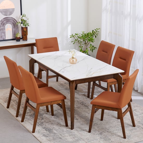 Falcon Ceramic Top 6-Seater Dining Set with Chairs - White and Brown