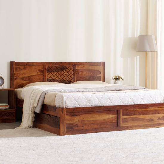 Helios Disa Sheesham Wood King Bed with Drawer Storage - Honey Brown