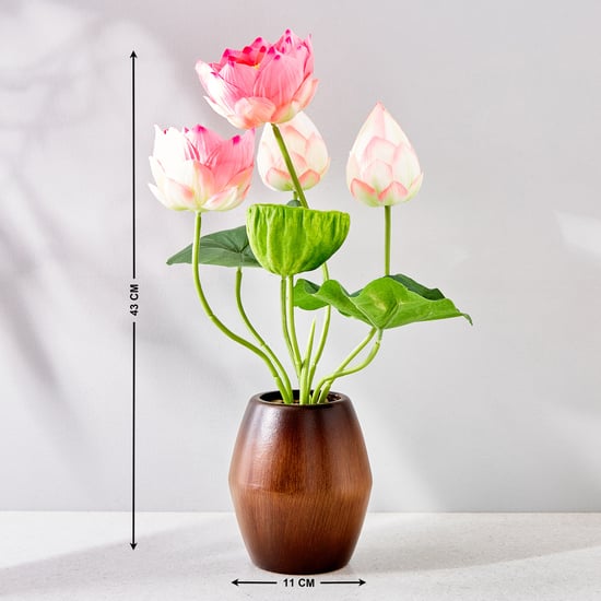 Gloria Lotus Artificial Flowers in Wood Pot Pink
