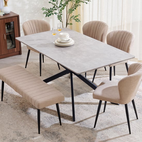 Voxen Ceramic Top 6-Seater Dining Set with Chairs and Bench - Grey