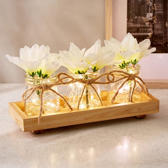 Serena Heather Set of 3 Artificial Flowers in Glass Pots with String Lights