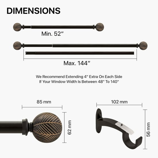DECO WINDOW Morocon Extendable Single Curtain Rod - 25mm, Black Matt (52-144in)