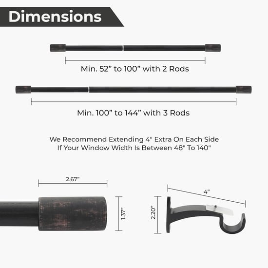 DECO WINDOW Barrel Extendable Single Curtain Rod - 25mm, Black (52-144in)