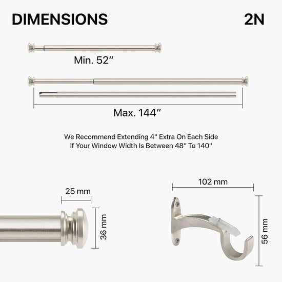 DECO WINDOW End Cap Set of 2 Extendable Single Curtain Rods - 25mm, Satin Silver (52-144in)