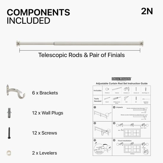 DECO WINDOW End Cap Set of 2 Extendable Single Curtain Rods - 25mm, Satin Silver (52-144in)