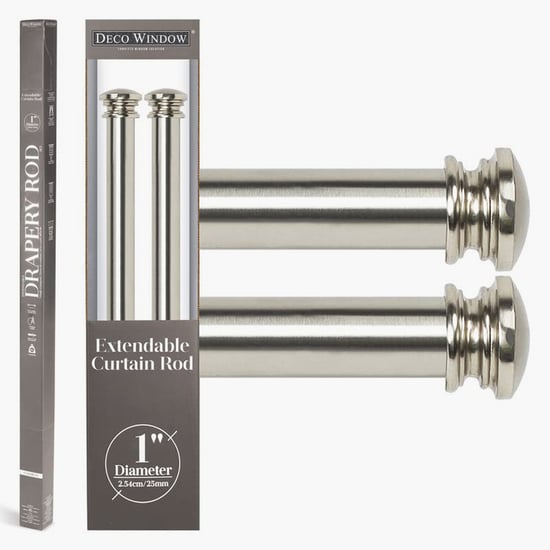 DECO WINDOW End Cap Set of 2 Extendable Single Curtain Rods - 25mm, Silver (36-66in)