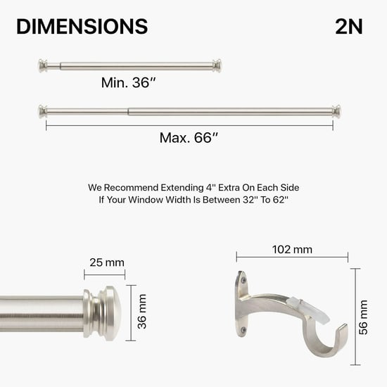 DECO WINDOW End Cap Set of 2 Extendable Single Curtain Rods - 25mm, Silver (36-66in)