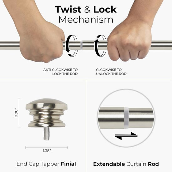 DECO WINDOW End Cap Set of 2 Extendable Single Curtain Rods - 25mm, Silver (36-66in)