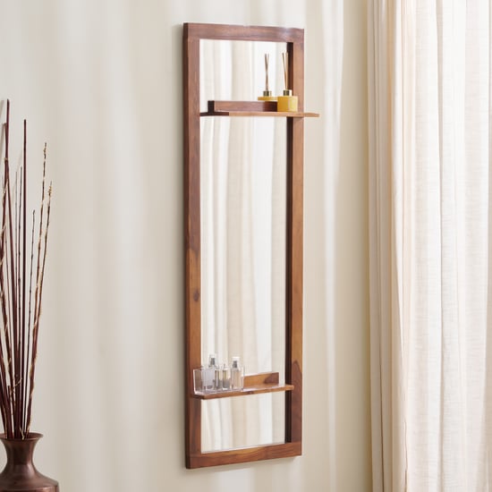 Helios Fleek Sheesham Wood Wall Mirror with Shelves - Honey Brown