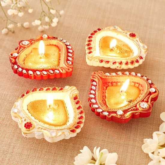 Utsav Set of 4 Clay Embellished Leaf Diyas