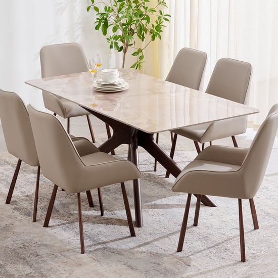 Dune Ceramic 6-Seater Dining Set with Chairs - Beige