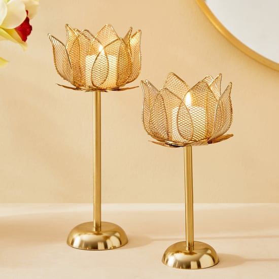 Majestic Lotus Set of 2 Metal Pedestal Candle Holders