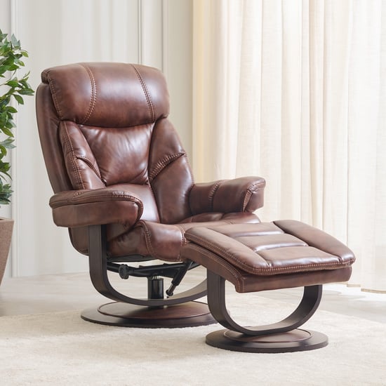 Tiago Half Leather 1-Seater Revolving Recliner with Foot Stool - Brown