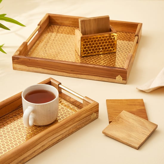 Haze Dietes 5Pcs Teak Wood Coasters with Holder