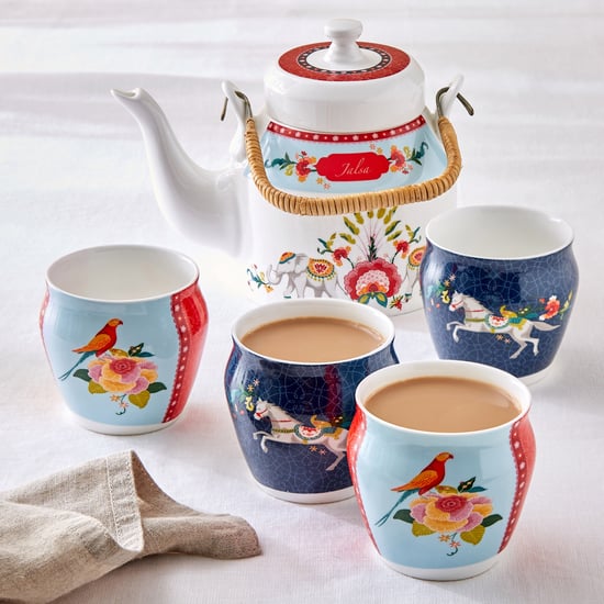 Jalsa Set of 4 Bone China Printed Kulhads with Tea Pot - 210ml