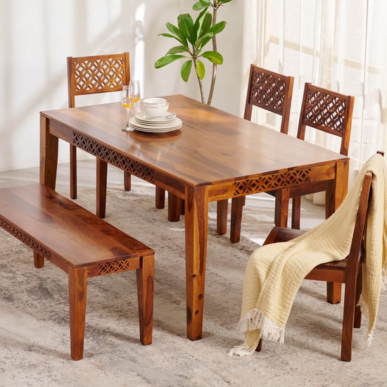 Helios Disa Sheesham Wood 6-Seater Dining Set with Chairs and Bench - Brown