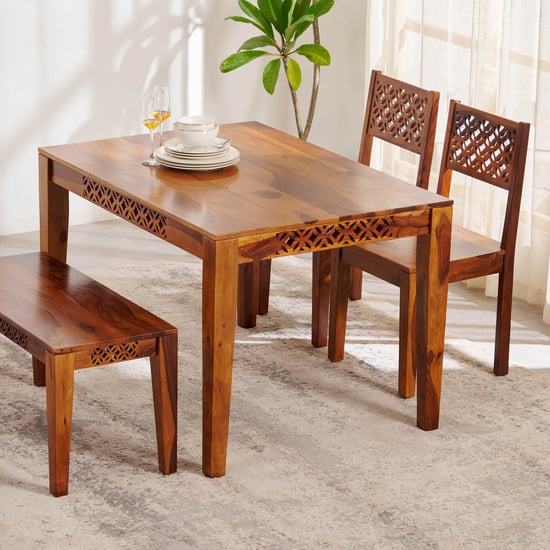 Helios Disa Sheesham Wood 4-Seater Dining Set with Chairs and Bench - Brown