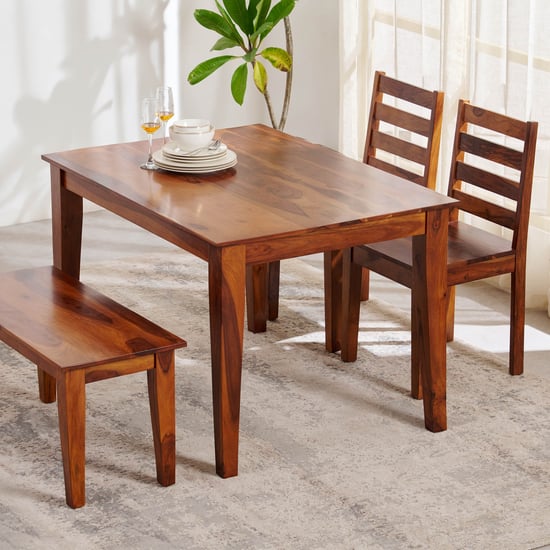 Helios Easter Sheesham Wood 4-Seater Dining Set with Chairs and Bench - Brown