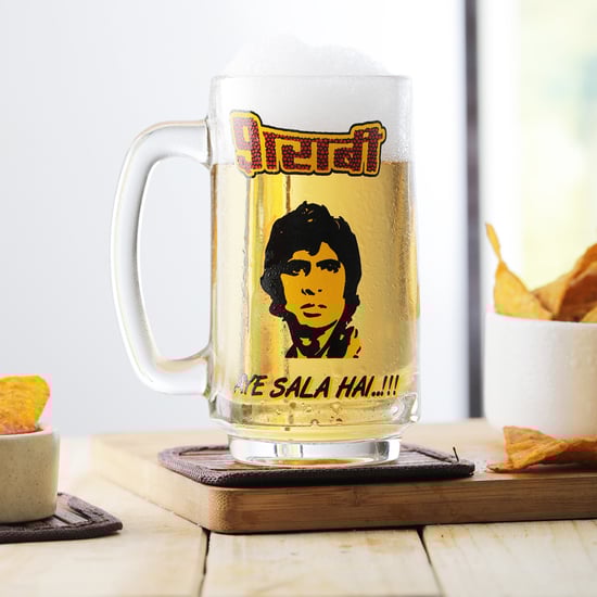 EK DO DHAI Glass Sharabi Print Beer Mug - 350ml