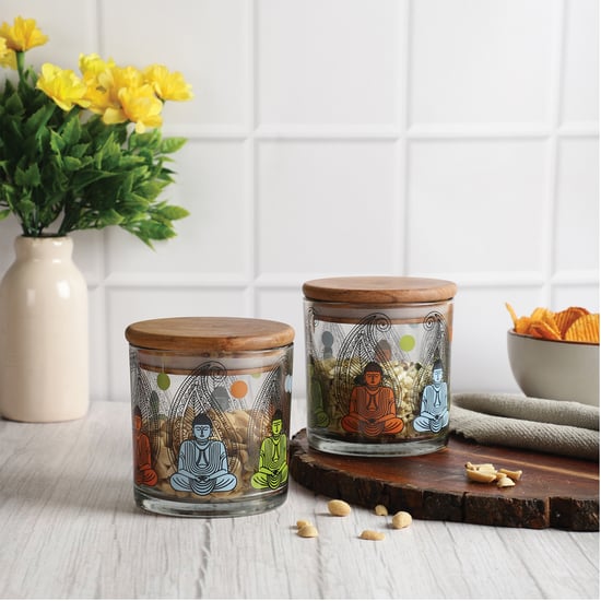 EK DO DHAI Set of 2 Buddha Printed Glass Jars - 500ml