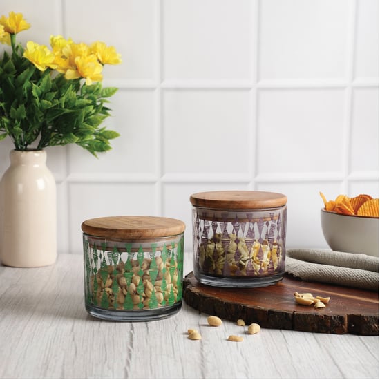 EK DO DHAI Sante Set of 2 Printed Glass Jars - 500ml