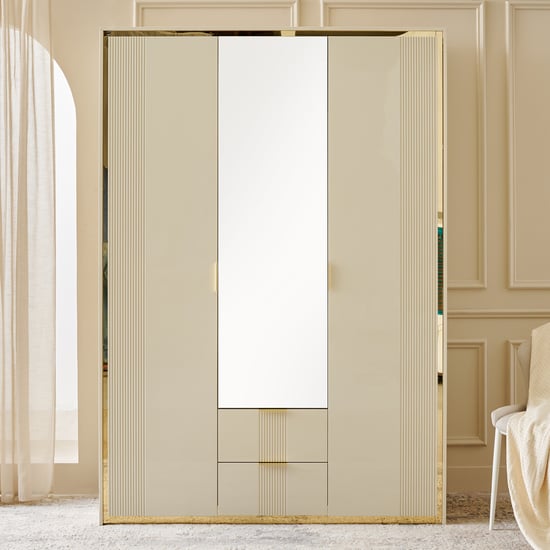 Modern Radiance 3-Door Wardrobe with Mirror and Drawers - Cream