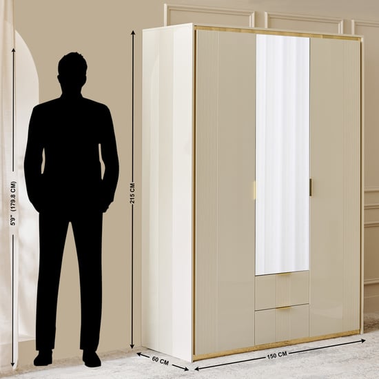 Modern Radiance 3-Door Wardrobe with Mirror and Drawers - Cream