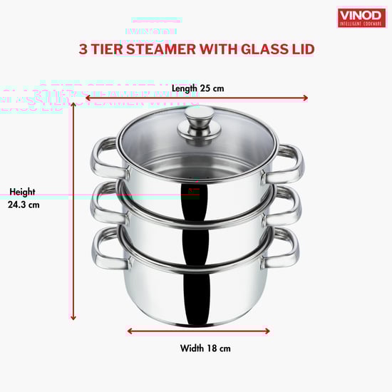 VINOD Stainless Steel 3-Tier Steamer with Lid - 18cm