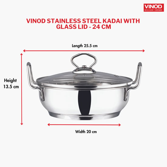 VINOD Stainless Steel Kadai with Glass Lid - 24cm, 2.7L