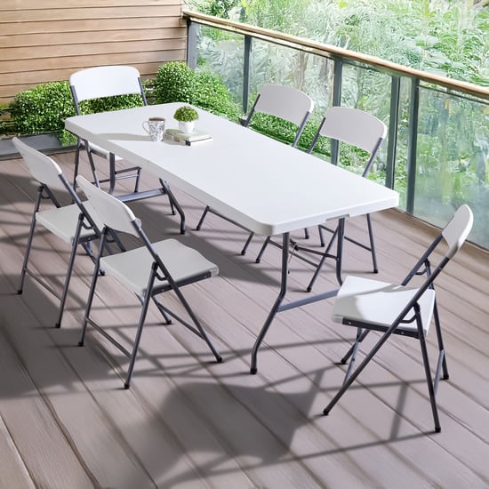 Helios Zein Metal 6-Seater Folding Dining Set with Chairs - Grey and White