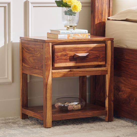 Adana Grand Sheesham Wood Bedside Table with Drawer - Brown