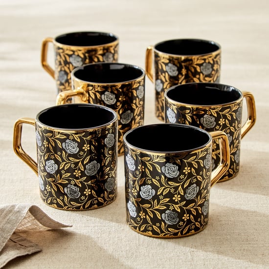 Corsica Ebony Set of 6 Bone China Floral Print Coffee Mugs - 230ml