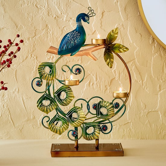 Corsica Mystic India Metal Peacock on Ring Multi T-Light Holder