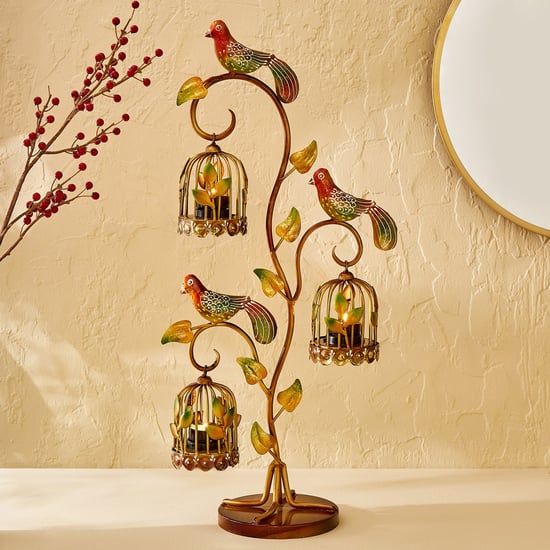 Corsica Mystic India Metal Bird On a Tree with Cage Multi T-Light Holders