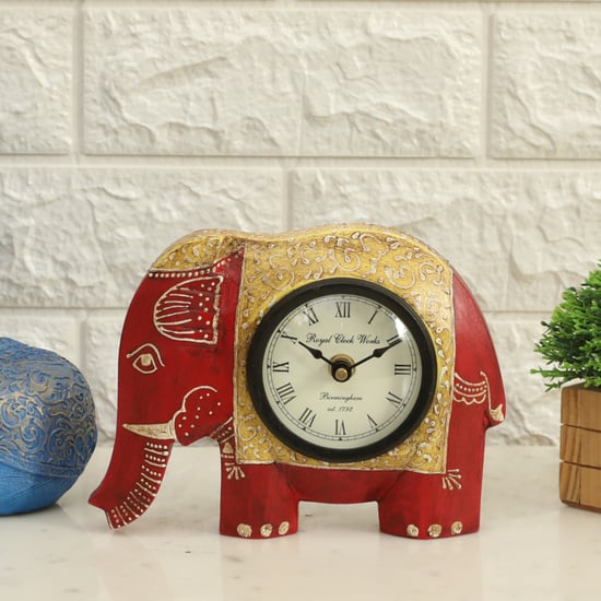 VEDAS Mystical Indiana Wooden Elephant Table Clock - 18x15cm