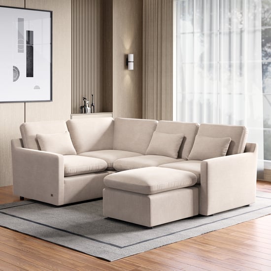 Nolan Fabric 4-Seater Corner Sofa with Ottoman - Beige