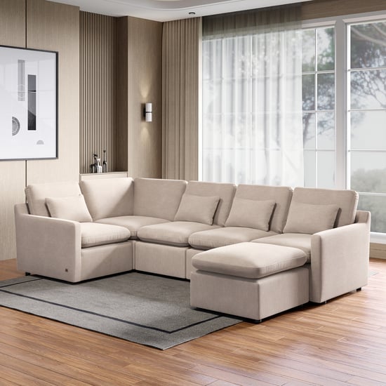 Nolan Fabric 5-Seater Corner Sofa with Ottoman - Beige