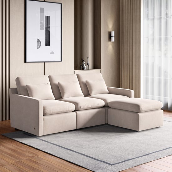 Nolan Fabric 3-Seater Sofa with Ottoman and Cushions - Beige