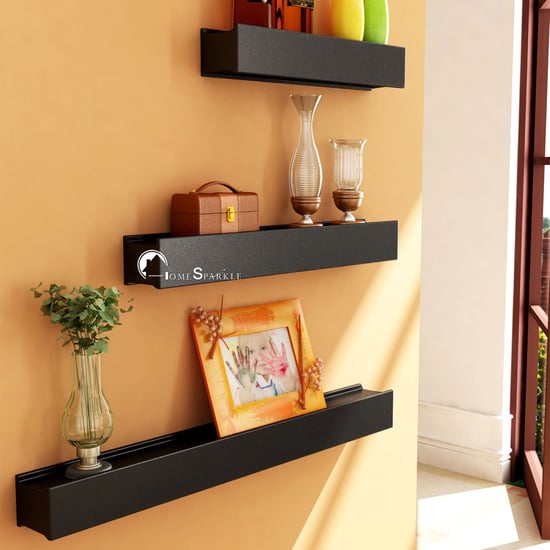 HOME SPARKLE Set of 3 Floating Wall Shelves - Black