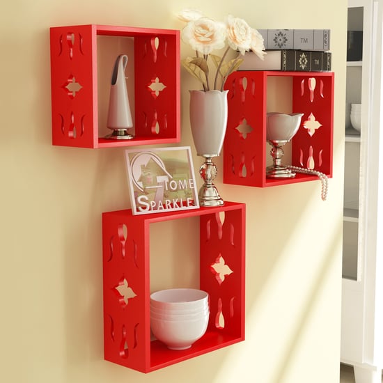 HOME SPARKLE Set of 3 Floating Wall Shelves - Red