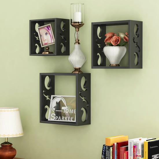 HOME SPARKLE Set of 3 Floating Wall Shelves - Black